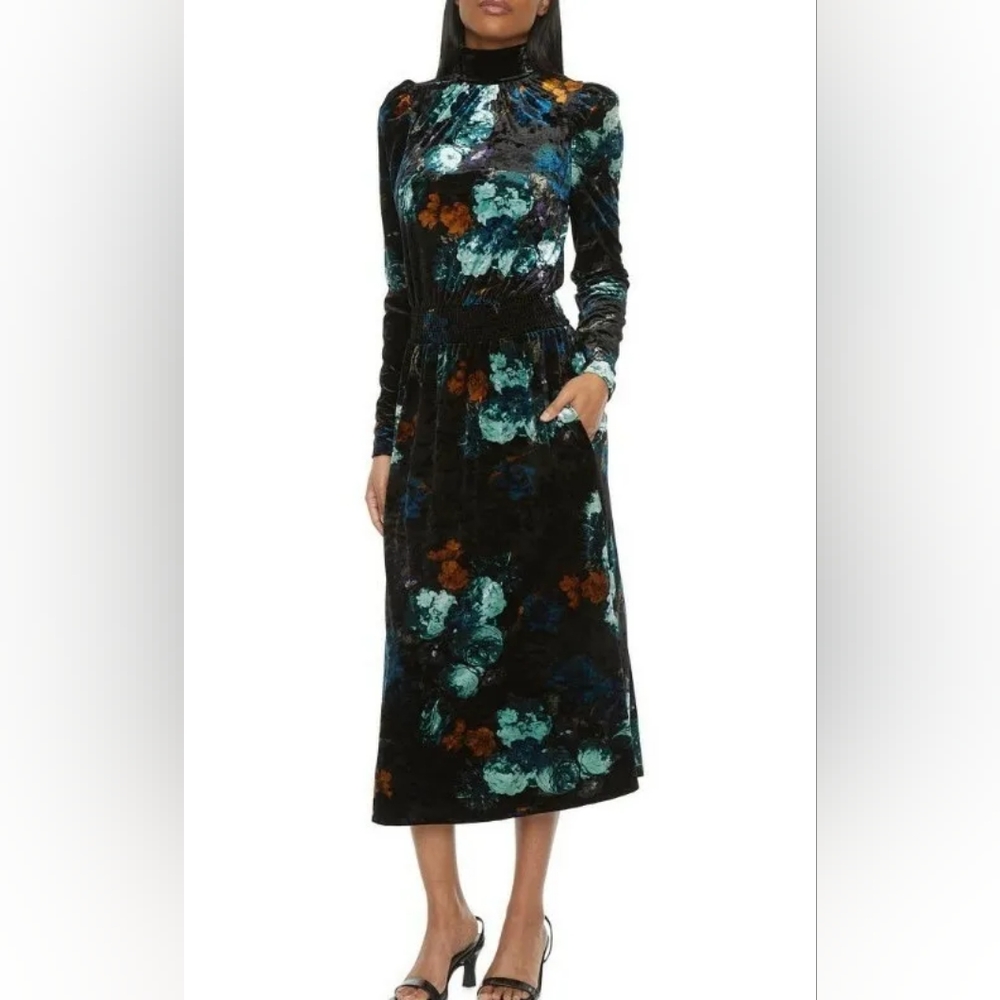 Ryegrass Velour Black Floral Long-Sleeved Midi Dress Size Small